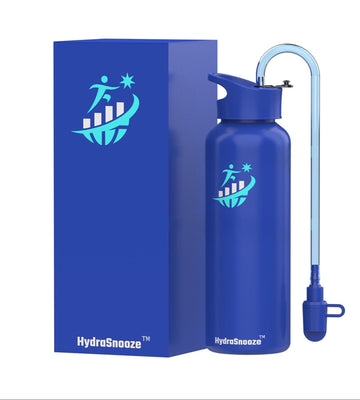 Blue water bottle with Hydrasana branding on a white background